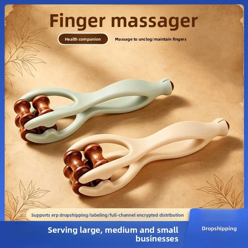 Solid‑Wood 4‑Roller Finger Massager Clip, Manual Rolling Hand Relax Gadget for Home Office Daily Use