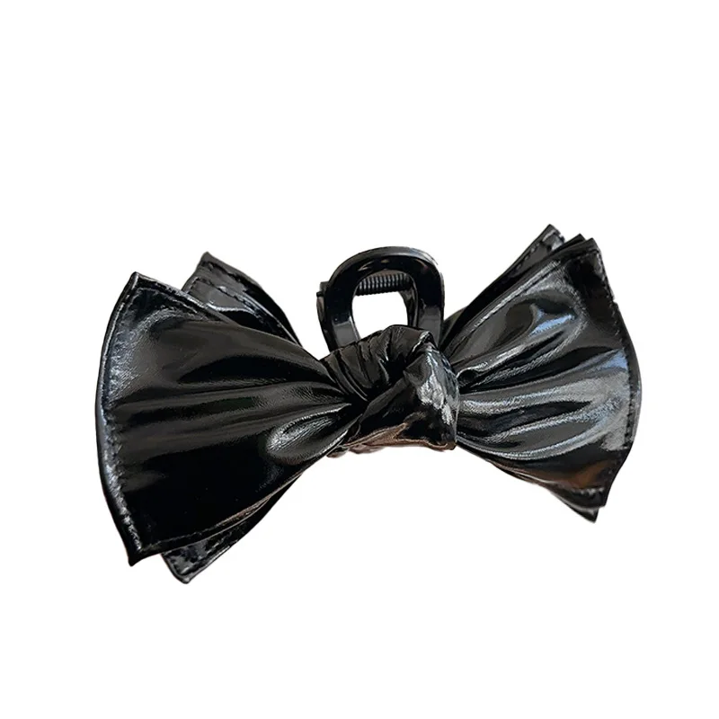 French Retro Imitation Leather Large Double Layer Bow Claw Clip Sweet All-Matching Hair Claw Back Head Updo Ponytail Clip Female