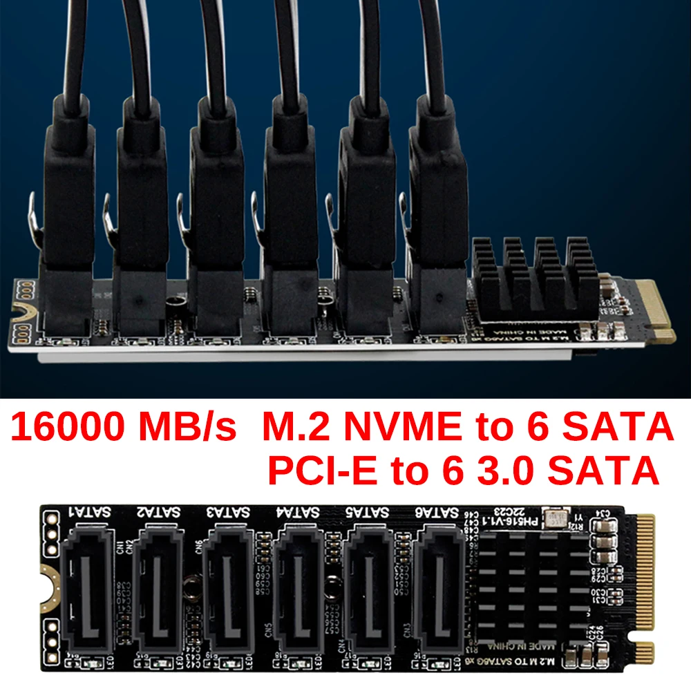 M.2 NVMe to SATA 6Gbps 6-Port PCIe Riser Card