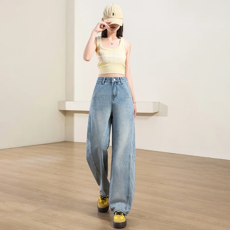 Jeans da donna Y2k Jeans vestibilità ampia azzurro anti sbiadimento pantaloni falce nuovo stile semplice orlo curvo dimagrante lunghezza del pavimento fluida