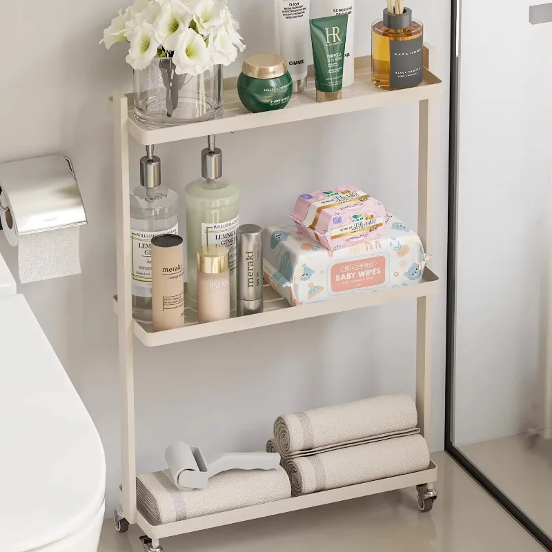 Luxury Cream Narrow Bathroom Cart Slim Rolling Storage Organizer Multi-Tier Slimline Towel Rack Modern Bathroom Shelving Unit