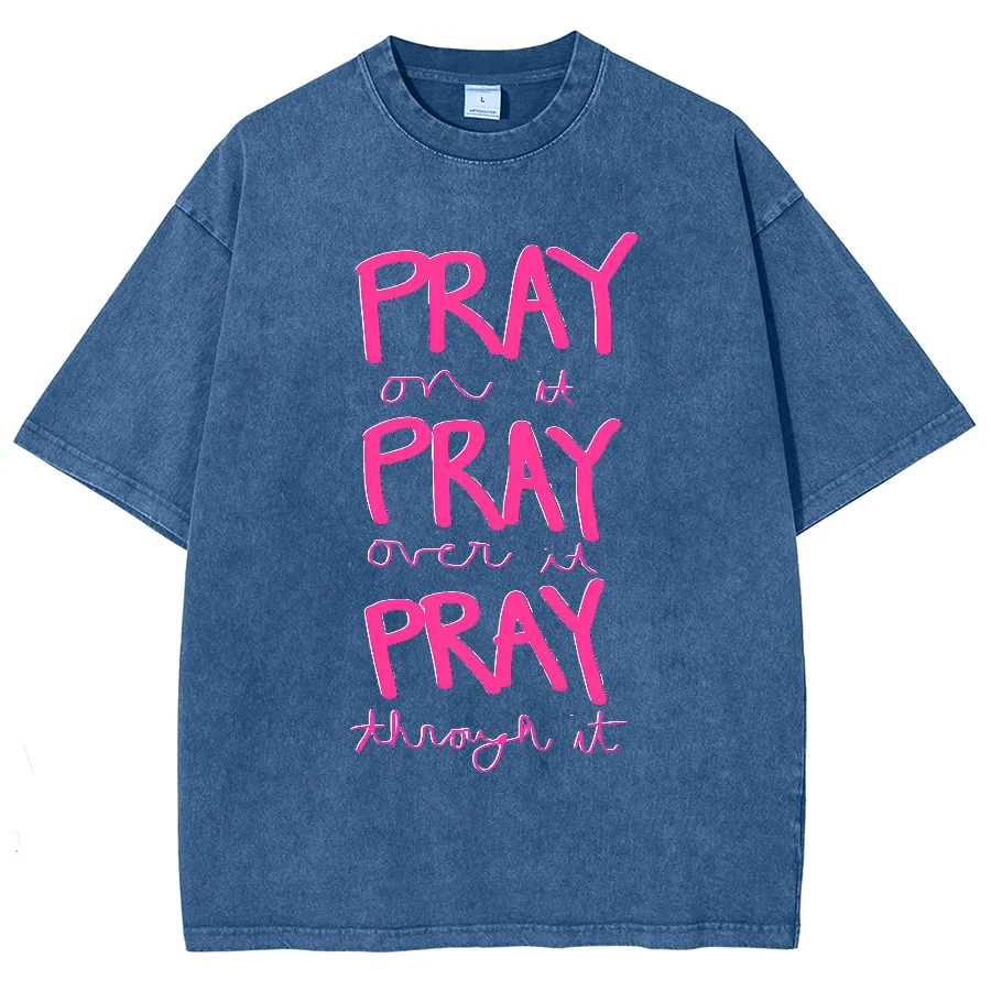 Pray On It Washed Y2K Short Sleeves T-Shirt, Cartoon Creative Printed Unisex Vintage Streetwear New Fashion Casual Plus-Size