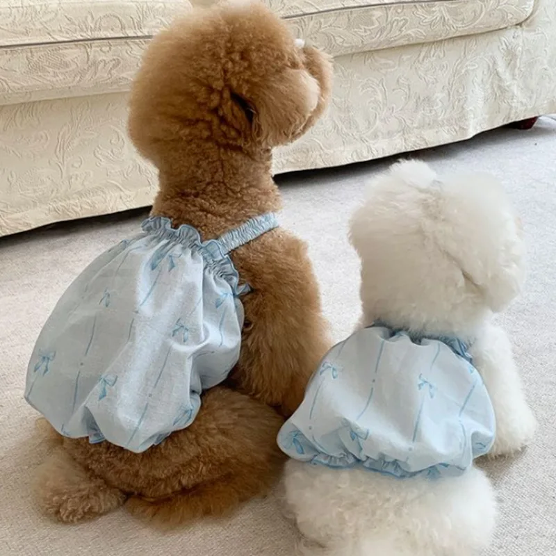 

Blue Bow Pet Pumpkin Skirt Flower Princess Strap Vest Teddy Yorkshire Schnauzer Small Dog Cat Clothes Summer Thin Dog Bud Skirt