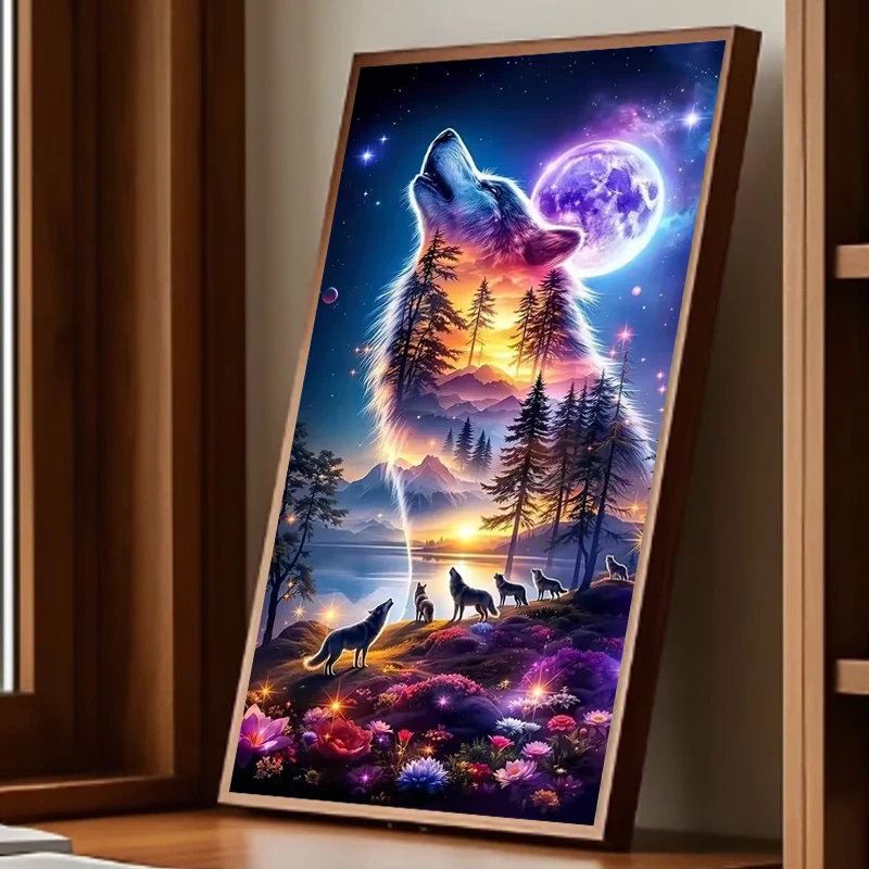DIY Diamond Painting Moon Wolf Group Animal Flower 5D Full Drill Mosaic Diamond Embroidery Forest Craft And Art Supplies