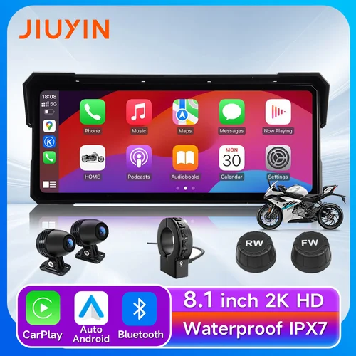 8.1 インチオートバイ GPS ナビゲーションワイヤレス Carplay Android 自動 IPX7 防水 2K DVR ドライブレコーダーモトモニター WIFI BT
