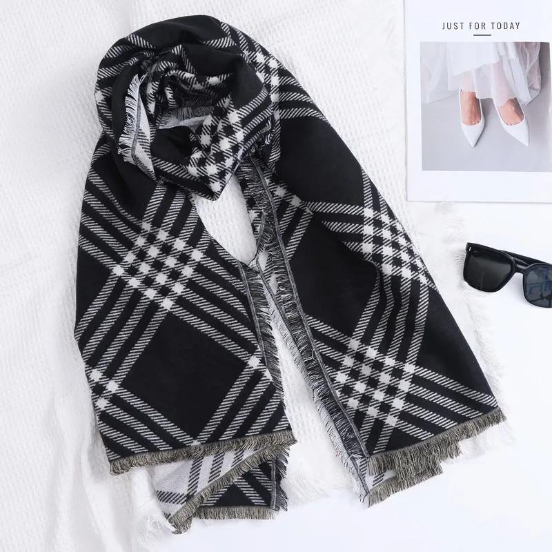 

Плед-шарф с бахромой для женщин, теплый зимний универсальный платок, двусторонний утолщенный акриловый шарф-воротник