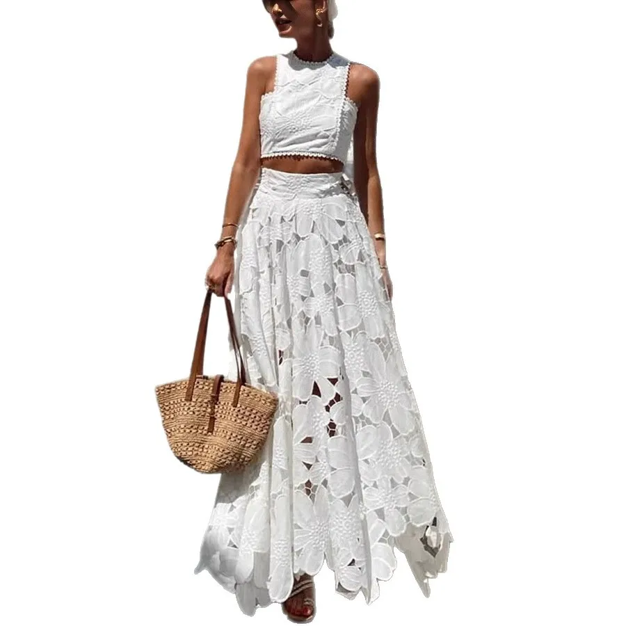 Women's White Floral Lace Embroidery 2 Piece Set Sleeveless Crop Top High Waist Long Skirt Beach Wedding Vacation Summer Outfit image 5