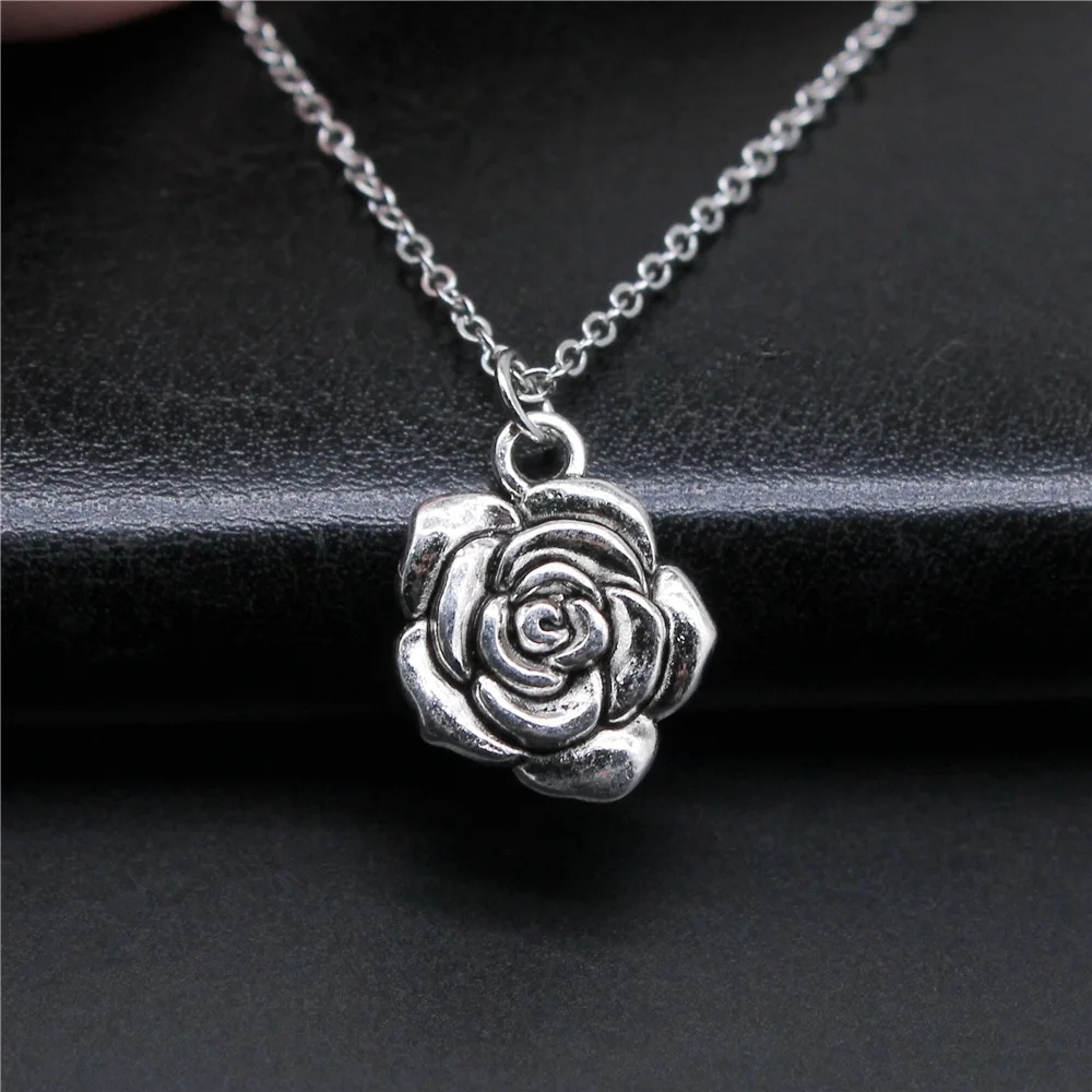 Simple Classic Fashion 15x18mm Antique Silver Color Rose Pendant Girl Women Short Chain Necklaces Choker Necklace