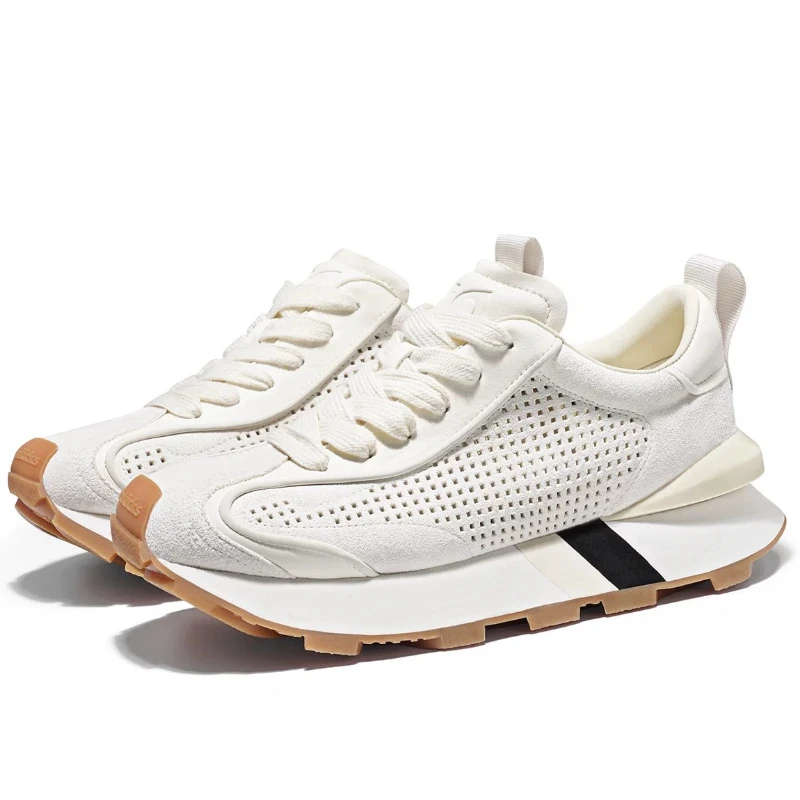 Summer Mesh Breathable Perforated Increase Shoes Men's Genuine Leather Comfortable Anti-Slip Thick Soled Casual Sneakers Women's