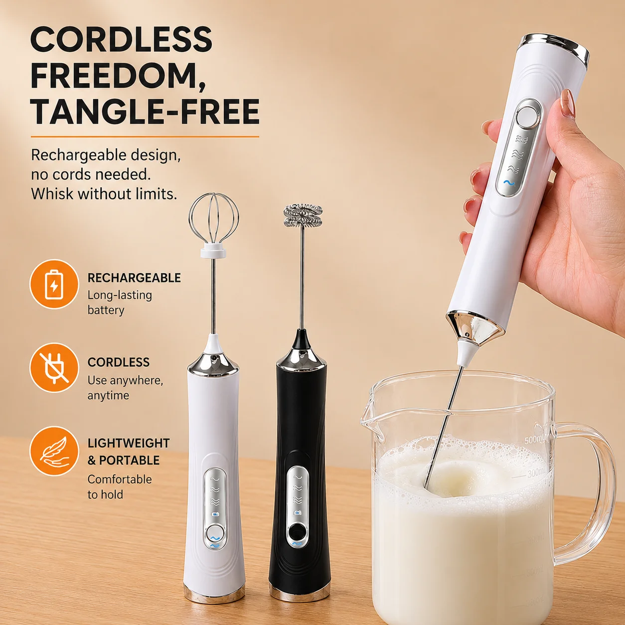 New Dual-Head Electric Milk Frother, USB Rechargeable Coffee Milk Frother, Household Milk Frother, Handheld Whisk and Egg Beater, Food Mixer, with Two Heads and Three Adjustable Settings, Comes with a 600Mah Battery, Essential Tool for Baking and Making Coffee, Kitchen Food Tool