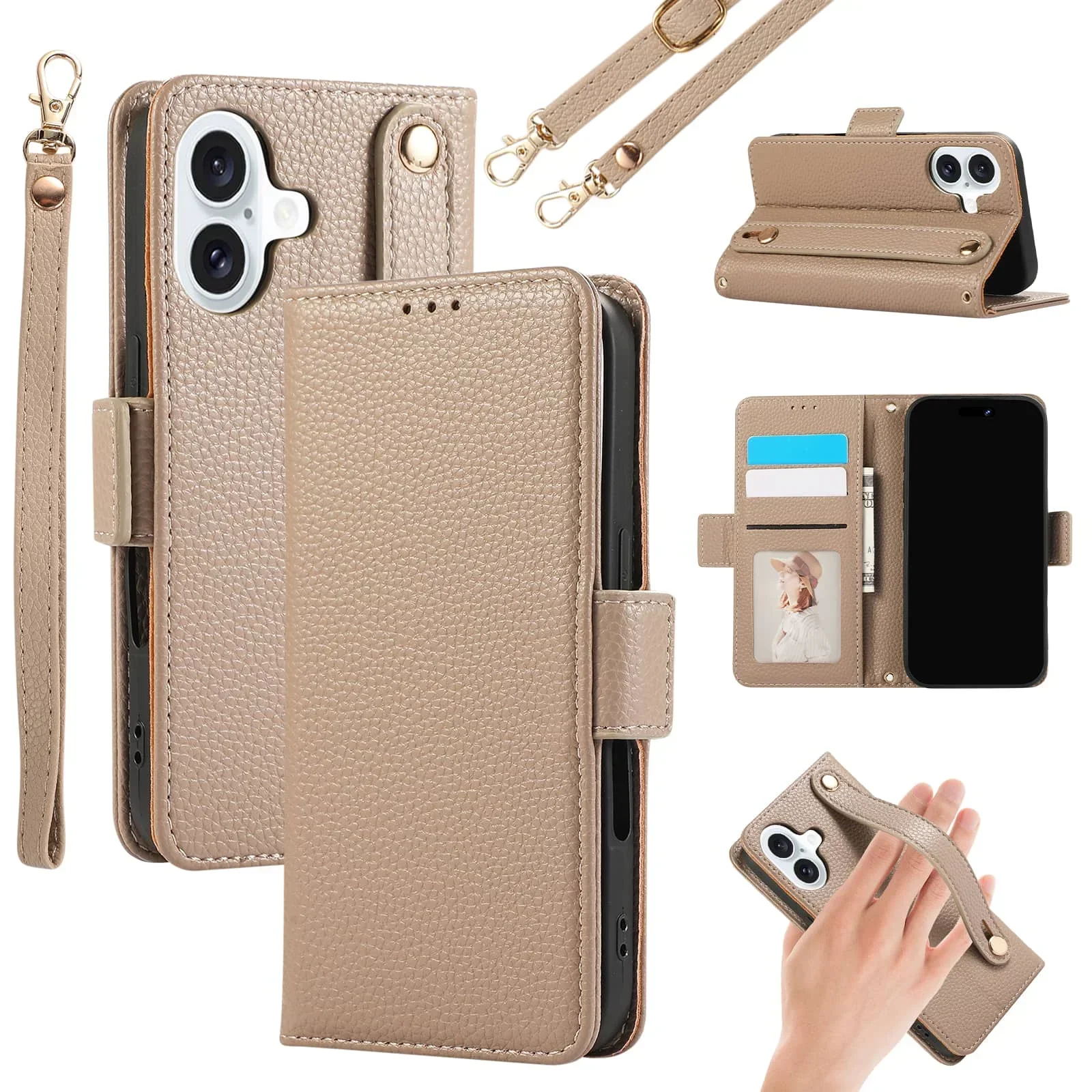 

for iPhone 16 Pro Max iPhone 16 Plus Pro Wallet Case, Card Holder Leather Kickstand Flip Cases, Wrist Strap, Magnetic Closure