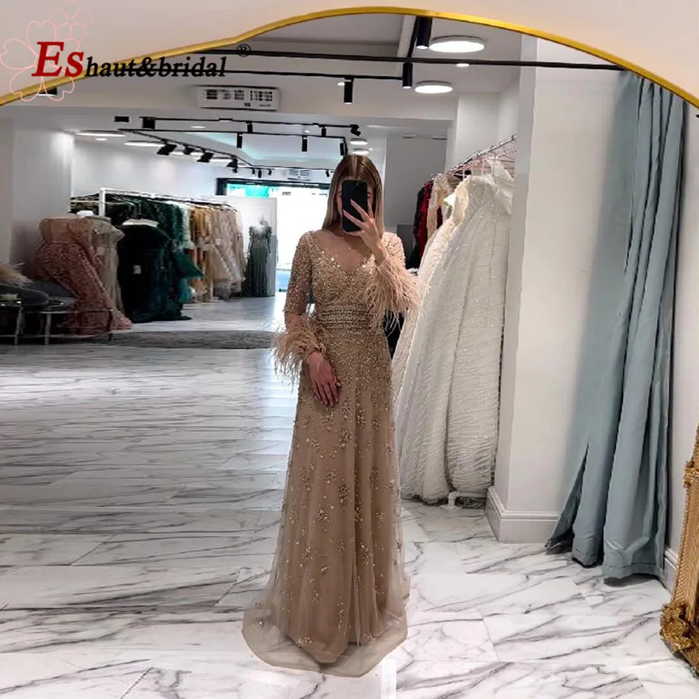 Elegant Dubai Feather Evening Night Dress for Women 2023 O Neck Aline Long Sleeves Beads Sequin Formal Prom Wedding Party Gowns