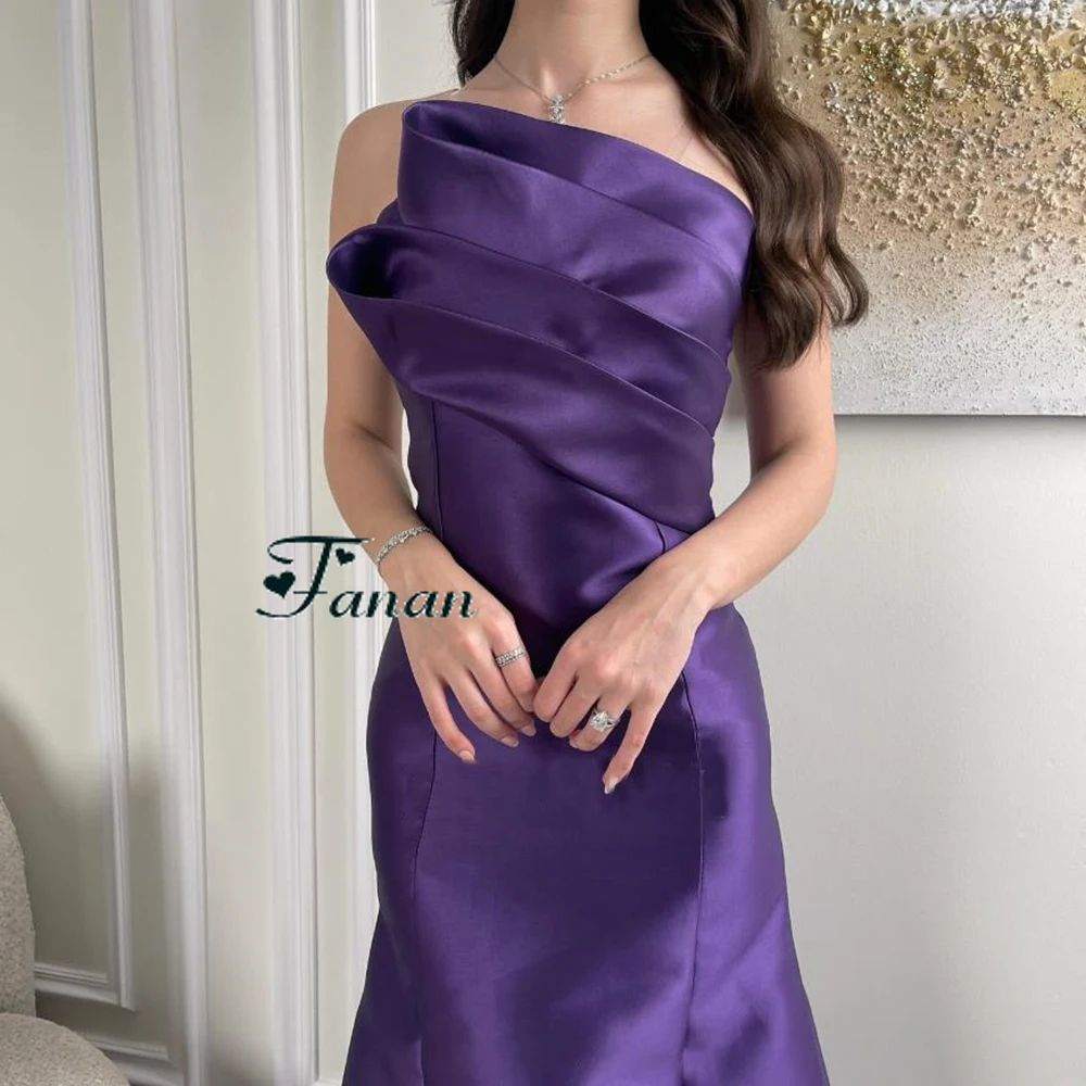 Customized Purple Strapless Pleat Satin A-line Evening Dresses Sleeveless Backless Ankle Length Pageant Gown فساتين سهرة