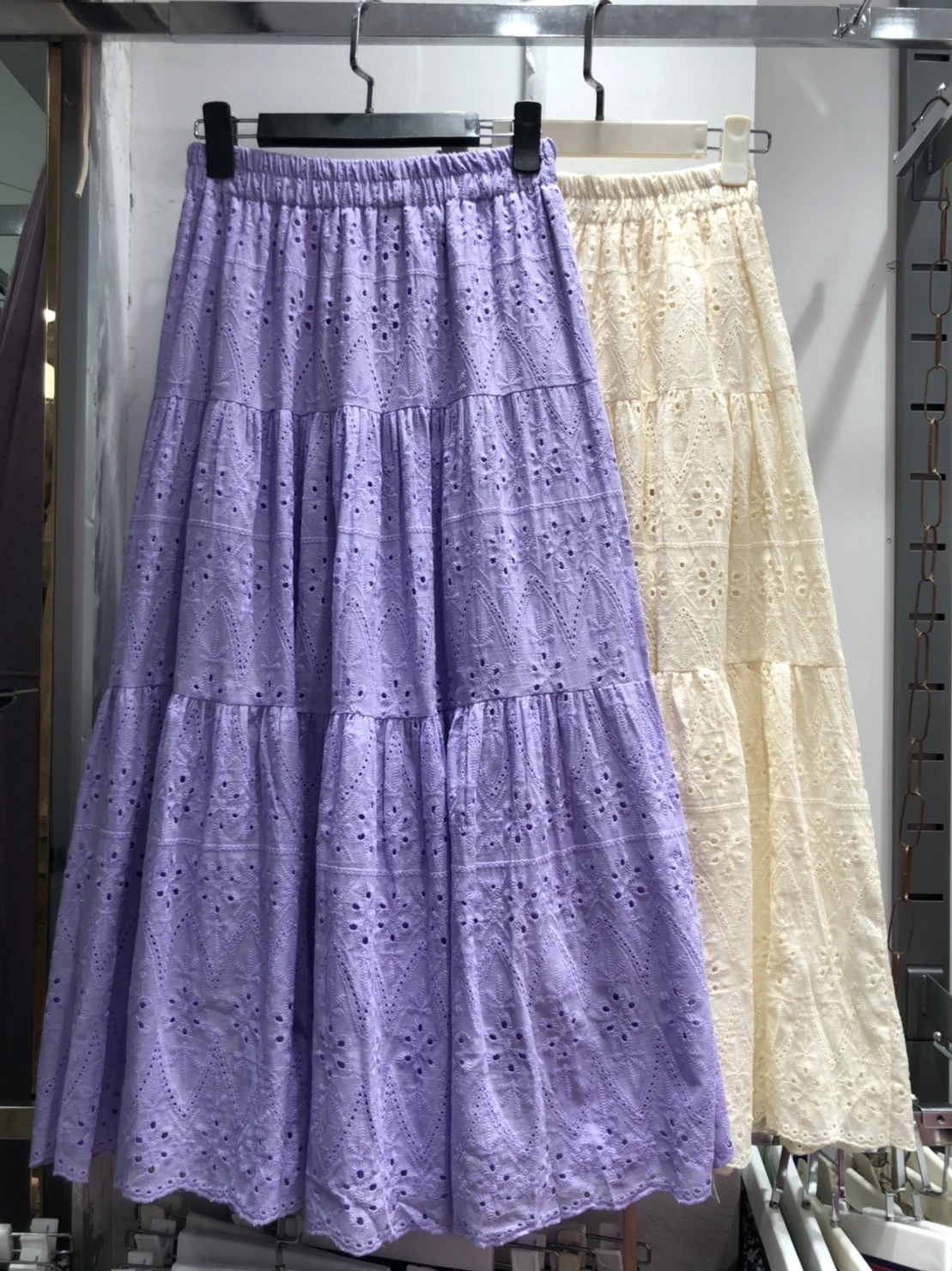 Delicate Cotton Lace Embroidery Cake Skirt Midi A-Line Dress Sweet Style Princess Waist Design Pure Color Spring Collection