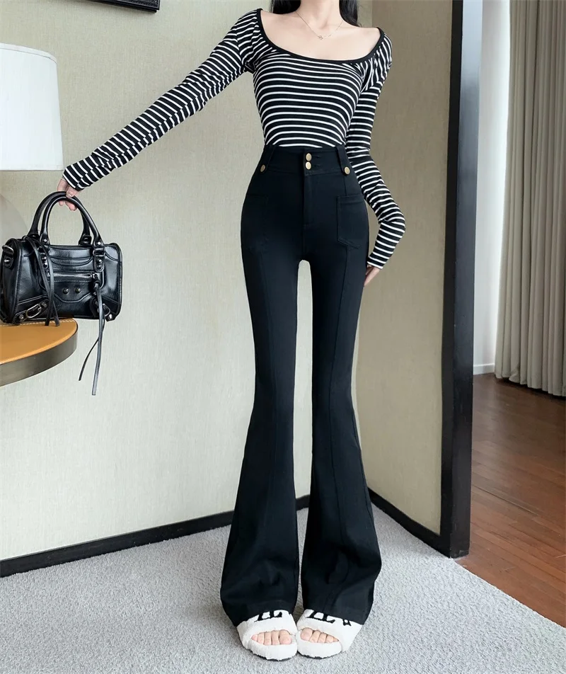 Black High Waist Jeans For Women Autumn Spicy Girls Versatile Micro Flare Straight Wide Leg Denim Pants