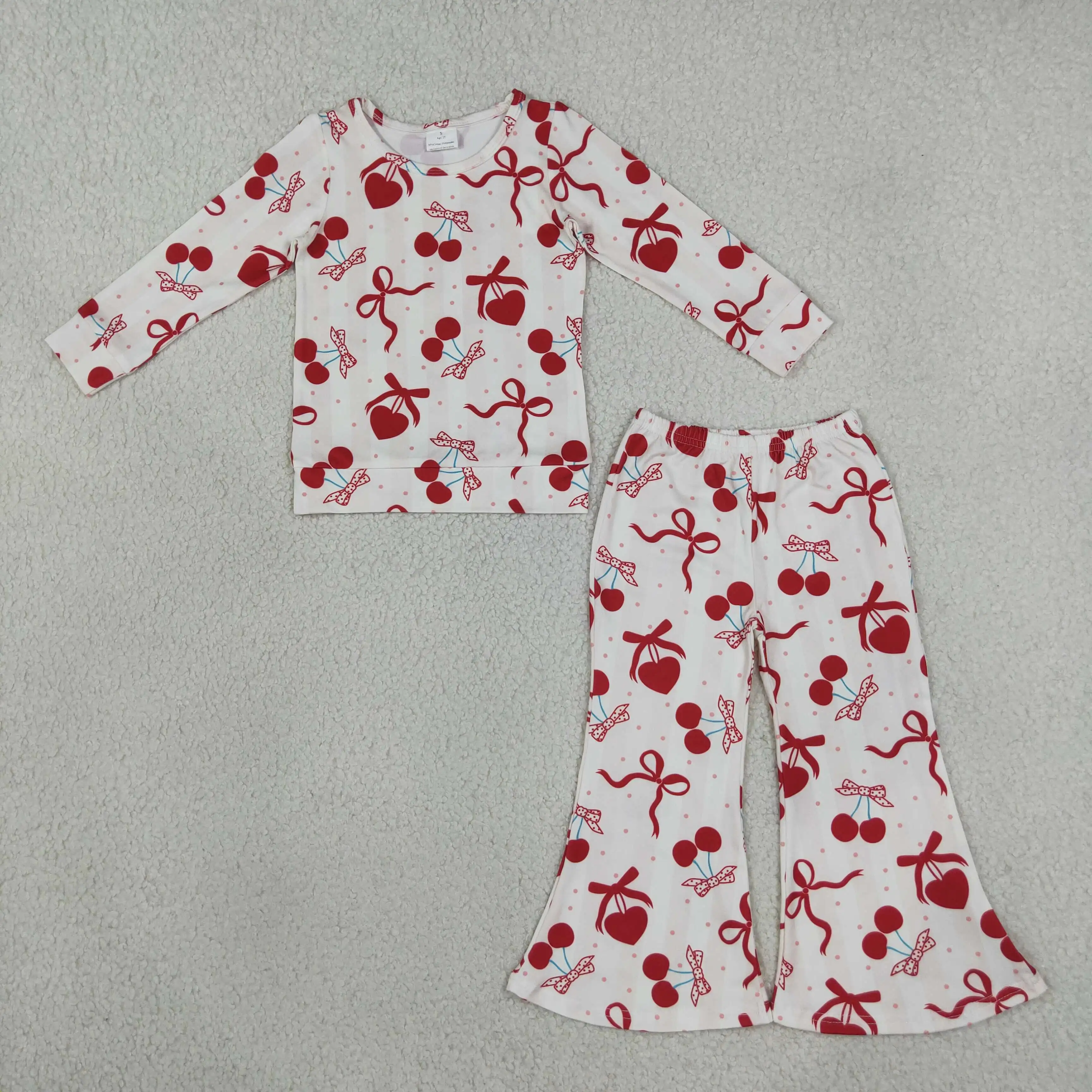 Wholesale Children Girls Long Sleeves Bows Hearts Shirt Outfit Baby Kids Girl Bell Pants Valentine Children Set