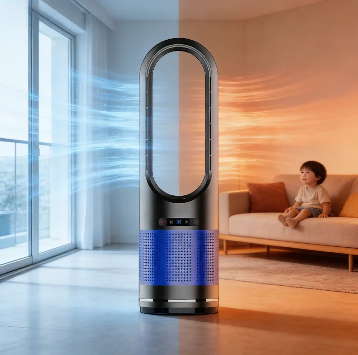 Smart Cooler and Heater Fan with Air Purifier  Wholesale Bladeless Fan Supplier Floor Standing Fan Hepa13 Remote Control