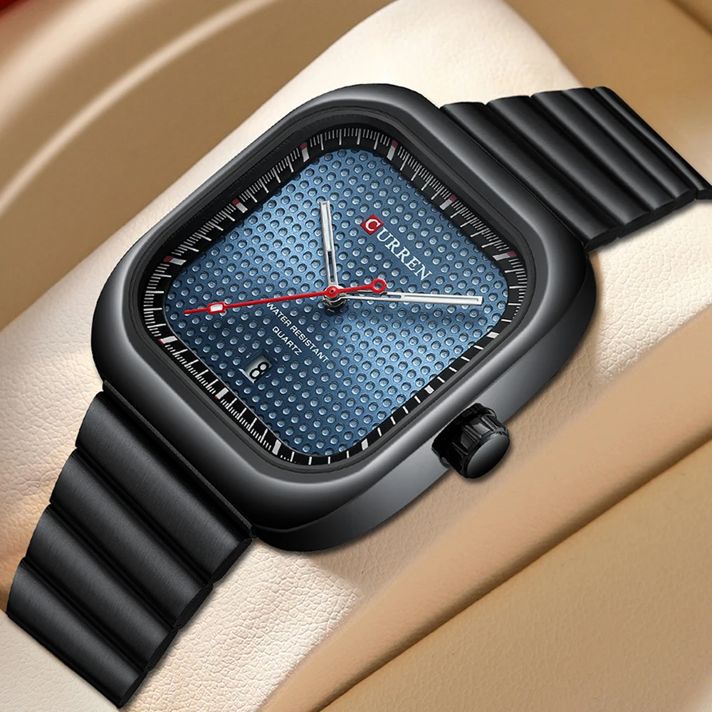 CURREN Quartz Great Quality Square Men Wristwatch Fashion Stainless Steel Strap Waterproof Watches for Men Luminous Calendar