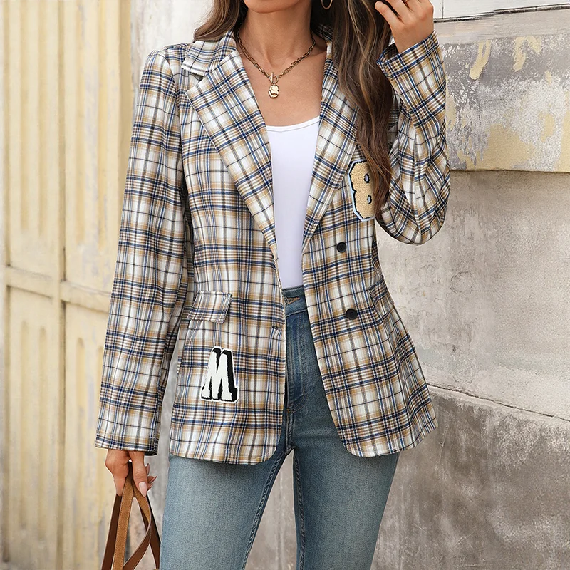 

Autumn Plaid Suit Tops Women's College Sle Coat Ladies Cheered Long Sve Button up Casual Faion Outerwear