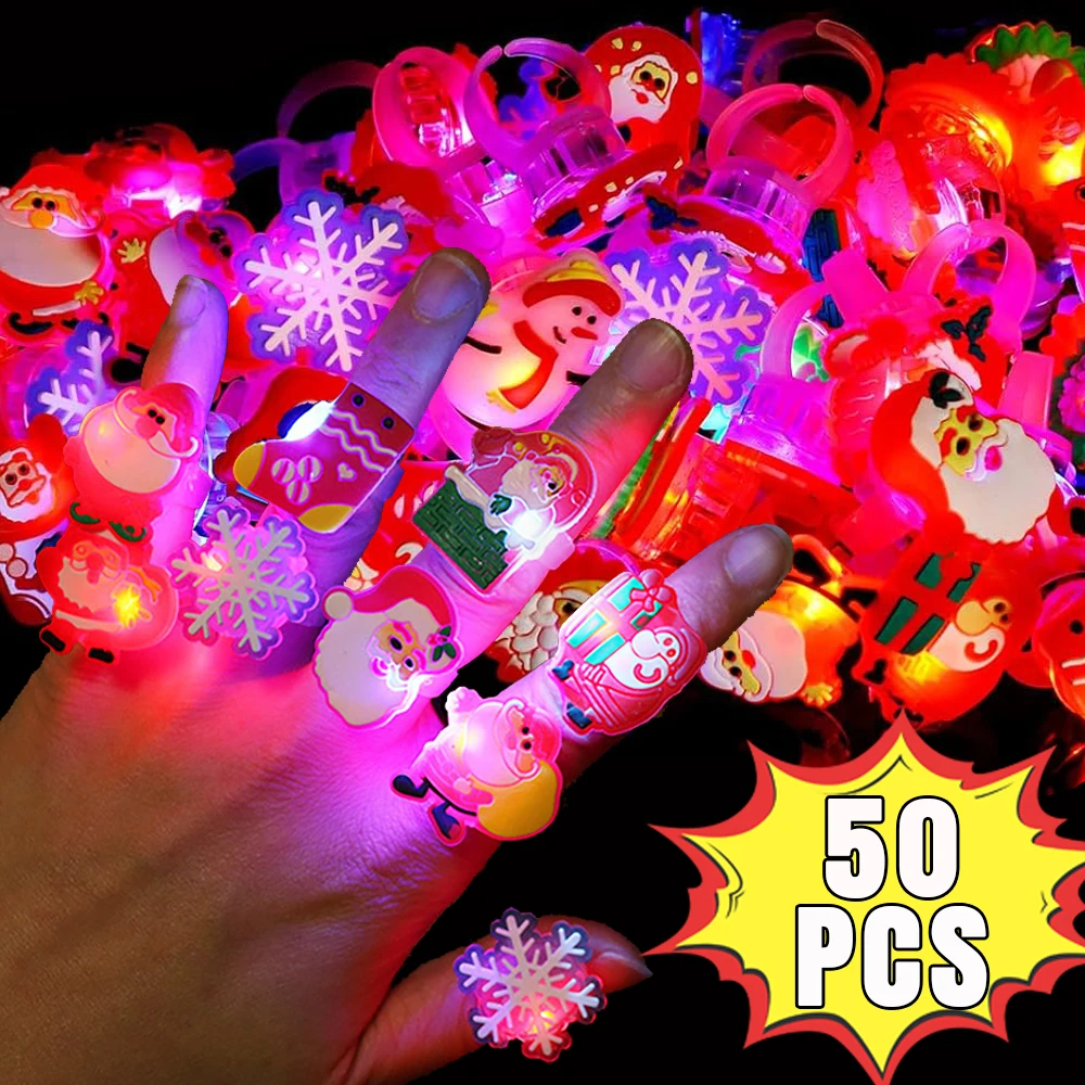 50/10Pcs LED Christmas Glowing Rings Creative Santa Claus Xmas Tree Light Up Toys Kids Gifts Christmas New Year Party Decoration