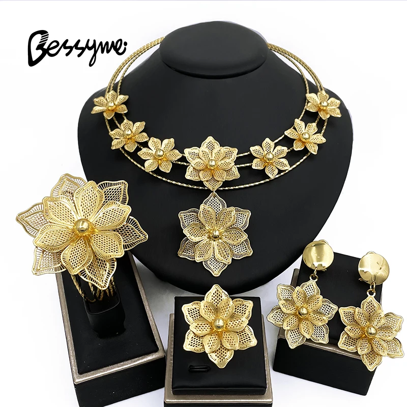 Dubai Jewelry Sets For Women Vintage Flower Charms 18K Gold Plated Necklace Earrings Ring Bracelet Bride Wedding Free Shipping