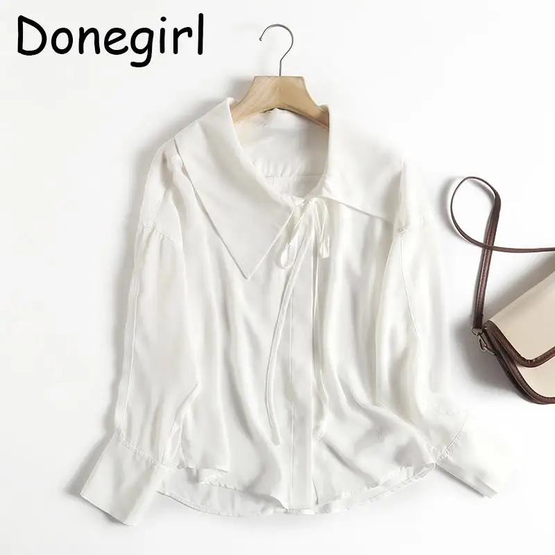 

Donegirl 2023 New Women Fashion Solid Lapel Lacing Batwing Sleeve Shirt Loose Elegant Simple Casual Blouses Female Tops Chic