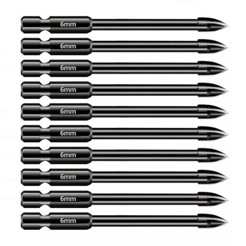 Cross Tungsten Carbide Drill Bit Set Hex Shank 77mm Total Length 6mm 10Pcs for Household Drilling Marble Glass Ceramic Tile