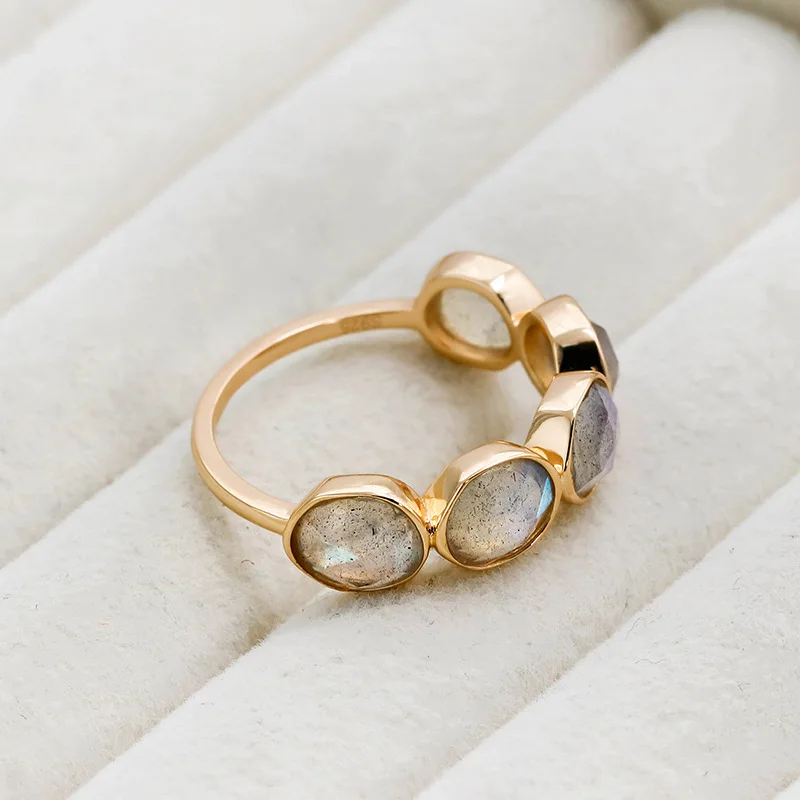 LAMOON Vintage Irregularity Natural Labradorite Ring For Women Gemstone Ring 925 Sterling Silver Gold Plated Fine Jewelry Gift