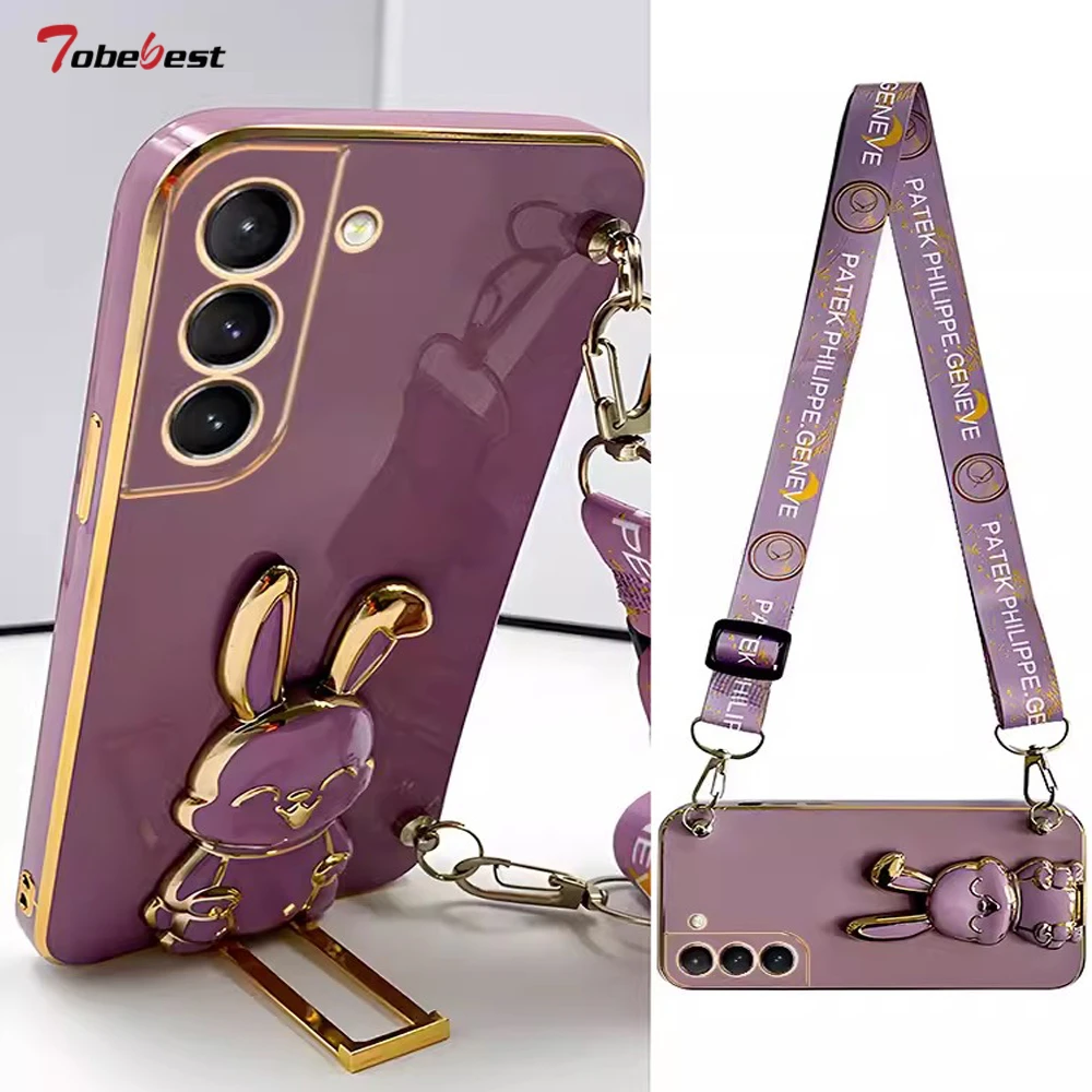 Crossbody Lanyard Rabbit luggage bracket Plating Case for Samsung Galaxy A14 A24 A34 A54 A74 A13 A23 A33 A53 A73 4G 5G Cover