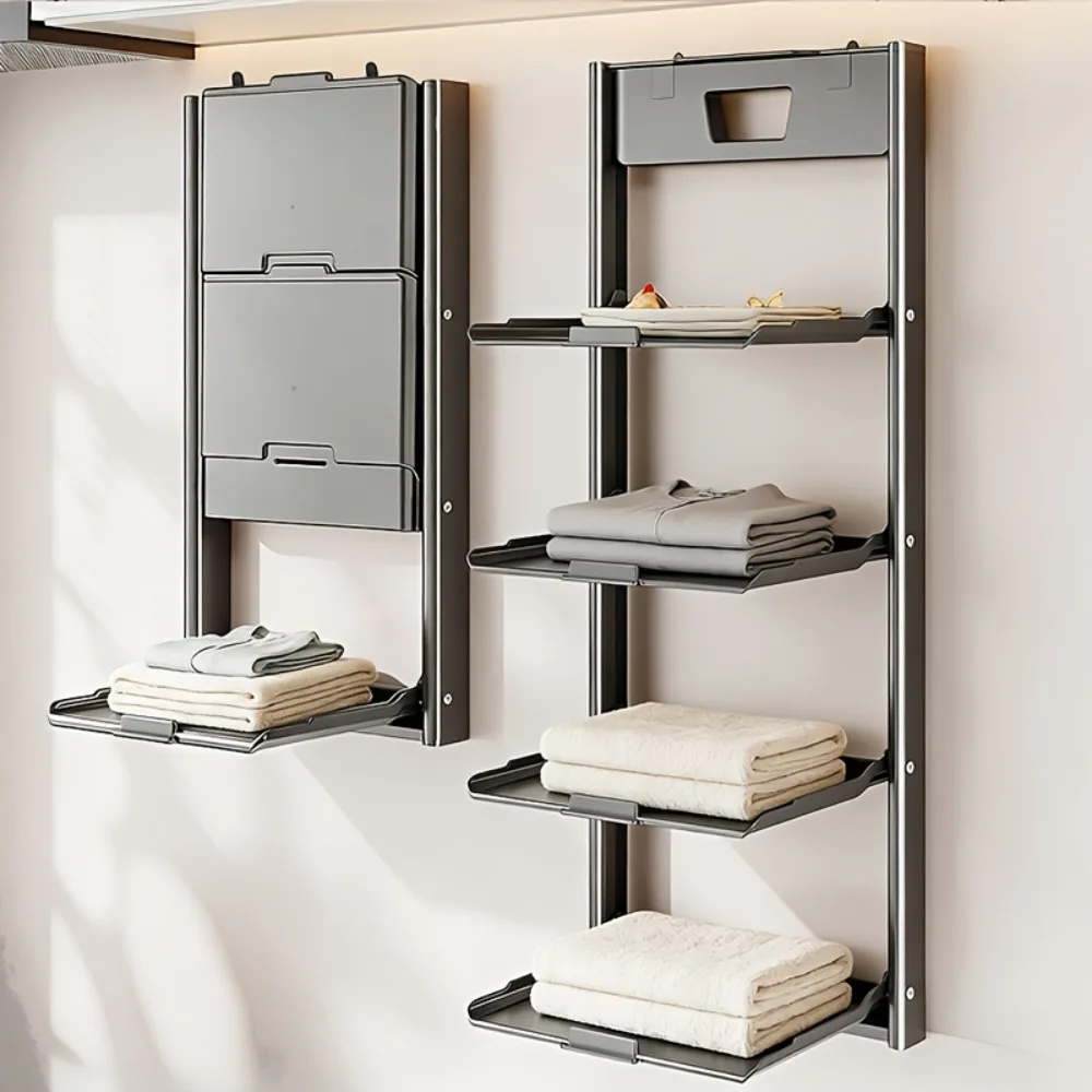 Faltbares Wandmontiertes Badezimmer-Organizer-Regal, Bohrfreies Aluminium-Aufbewahrungsregal für Handtücher, Kosmetik, Küche, Bad, Mehrstöckig
