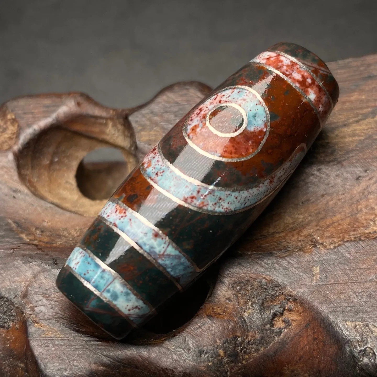 Tibetan Buddhism Agate Inlaid Silver Wire 2 Eyes Totem Dzi Bead Pendant G220