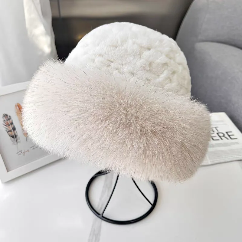 Winter Hot Sale Warm Women Knitted Real Natural Fox Fur Hat Bowler Solid Rex Rabbit Fur Caps Beanies Lady Real Fur Hat Skullies