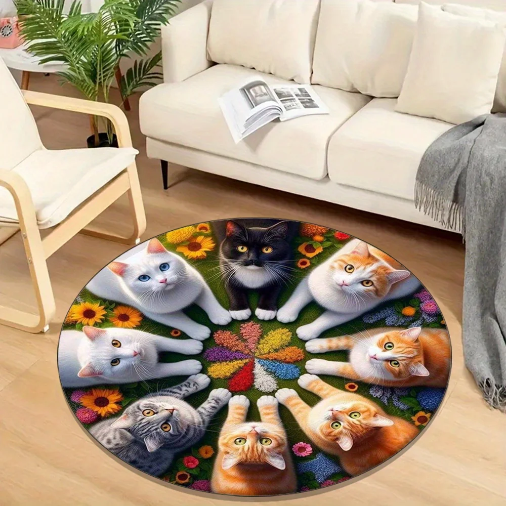Romantic Oil Painting Cat Round Rug Retro Two Kittens Red Rose Floral Frame Circular Mat  Aesthetic Decor Floor Mat Indoor Decor