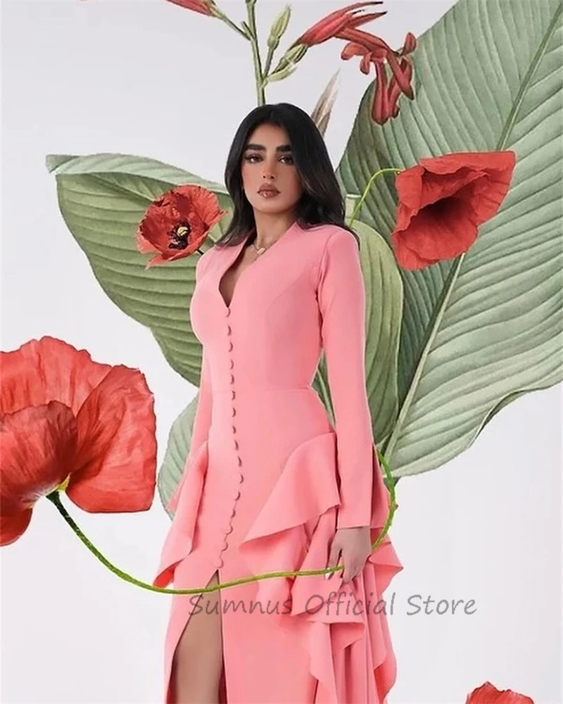 SUMNUS Sexy Pink V Neck Arabia Evening Dresses Button Satin Long Sleeves Dubai Tiered Formal Dress Orange Prom Party Gowns Women