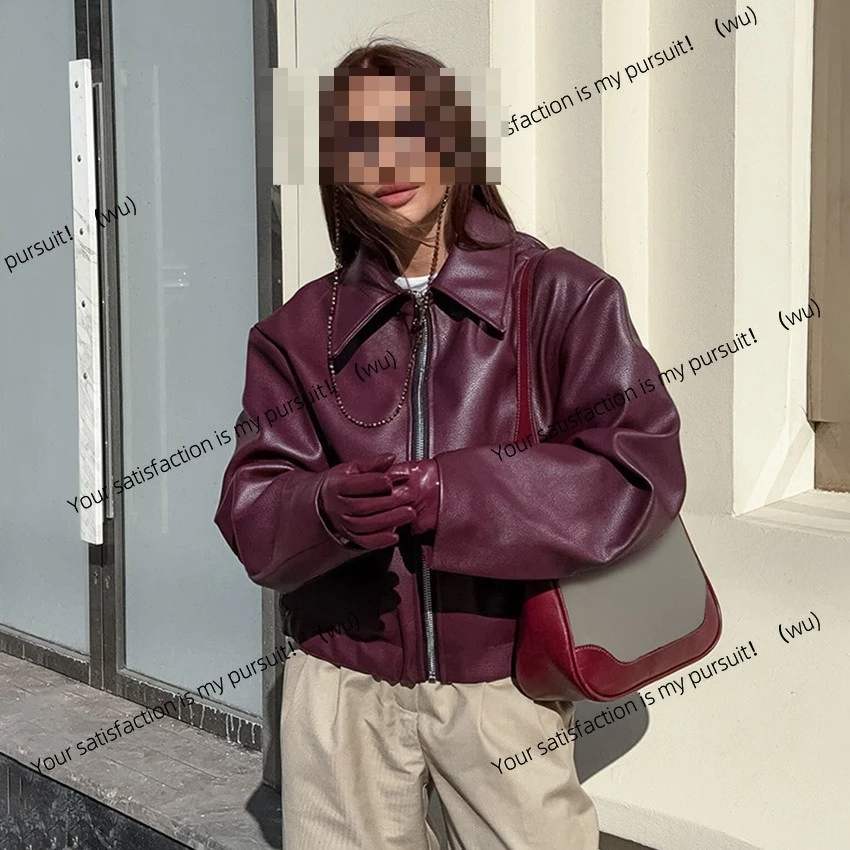 

Vintage locomotive style burgundy leather jacket women's fashionable matte leather jacket women's clothing