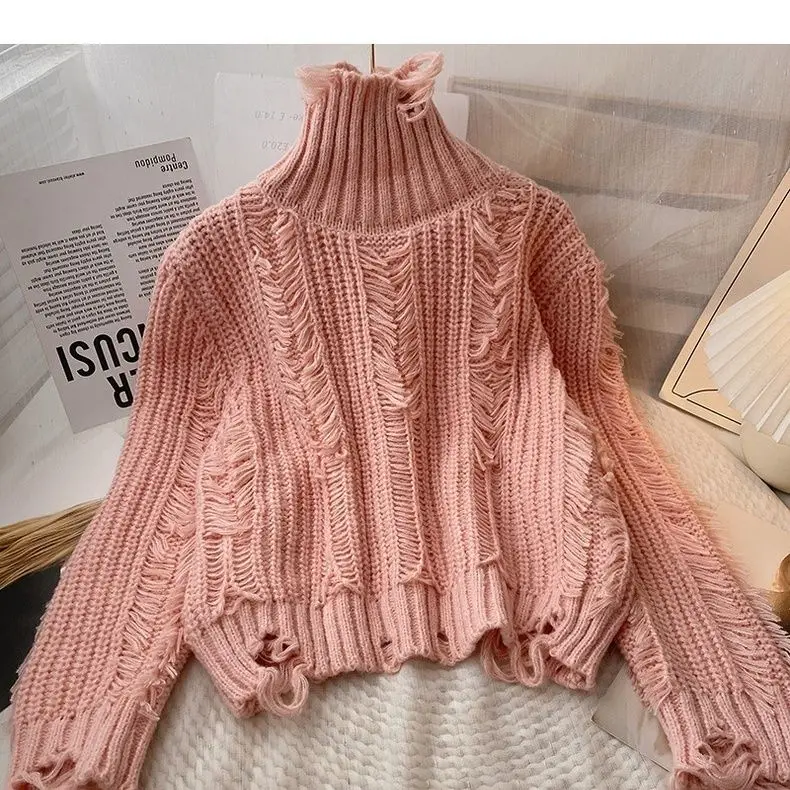 High Collar Pullovers Women Summer Woman Sweaters Long Sleeve Hollow Out Short Fashion Sweaters Tricot Knitted