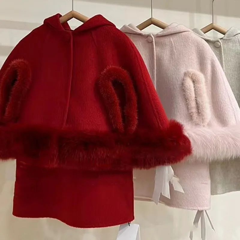 Baby Girl Princess Wool Cloak Dress Winter Spring Autumn Child Princess Hooded Cape Dress Xmas New Year Baby Clothes 18M-10Y