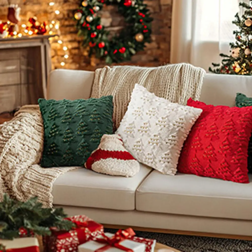 Funda de almohada decorativa de invierno, funda de almohada festiva de árbol de Navidad para decoración del hogar, funda de almohada de felpa corta suave para habitación