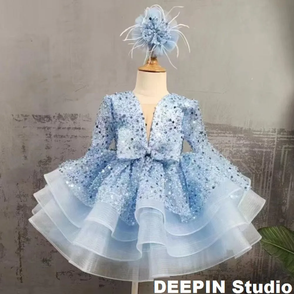 Glitter Blue Flower Girl Dress Ruffles Short Sleeves Scoop Neck Cute Baby Girl Tutu Party Gown Short Graduation Kids Prom Dress