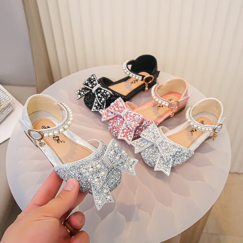 2026 Girls Leather Shoes Children's Lace Butterfly Rhinestone Pearls Beading Performance Single Shoes Fashion Weeding Kids Shoes
