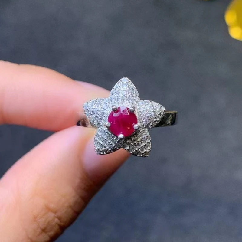 Fashion 925 Silver Star Ring 5mm 0.5ct Natural Ruby Ring No Fading 3 Layers 18K Gold Plating 925 Silver Ruby Jewelry