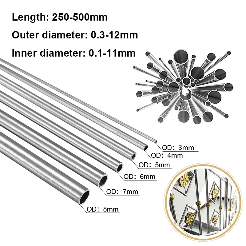 1-10pcs 304 Stainless Steel Capillary Tube Seamless Straight Tube Round Capillary Tube Outer Diameter 0.3-12mm Length 250-500mm
