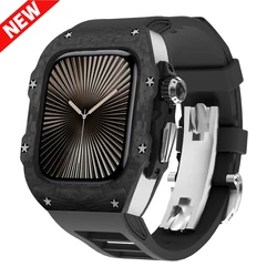 Modification Kit For Apple Watch 46mm Luxury Carbon Fiber Case+Strap For Iwatch Series 10 42mm Fluororubber Band Mod Kits