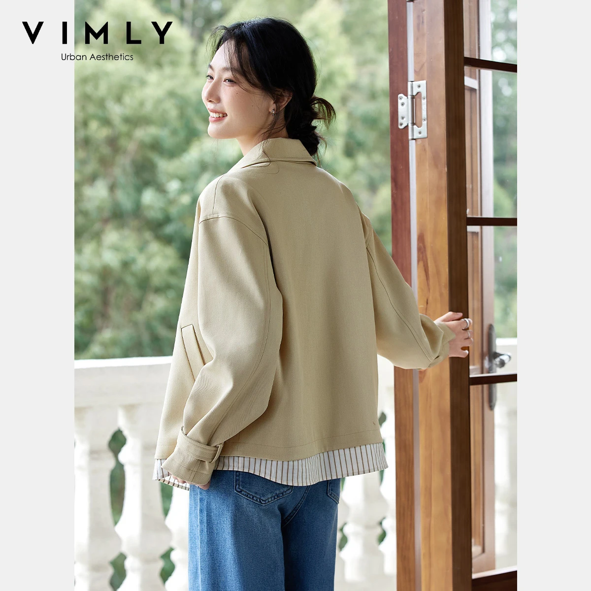VIMLY Women's Midi Khaki Trench Coat Autumn 2025 Office Wear Striped Cuff Long Sleeve Pleated Trench Femme Straight Coats A0551