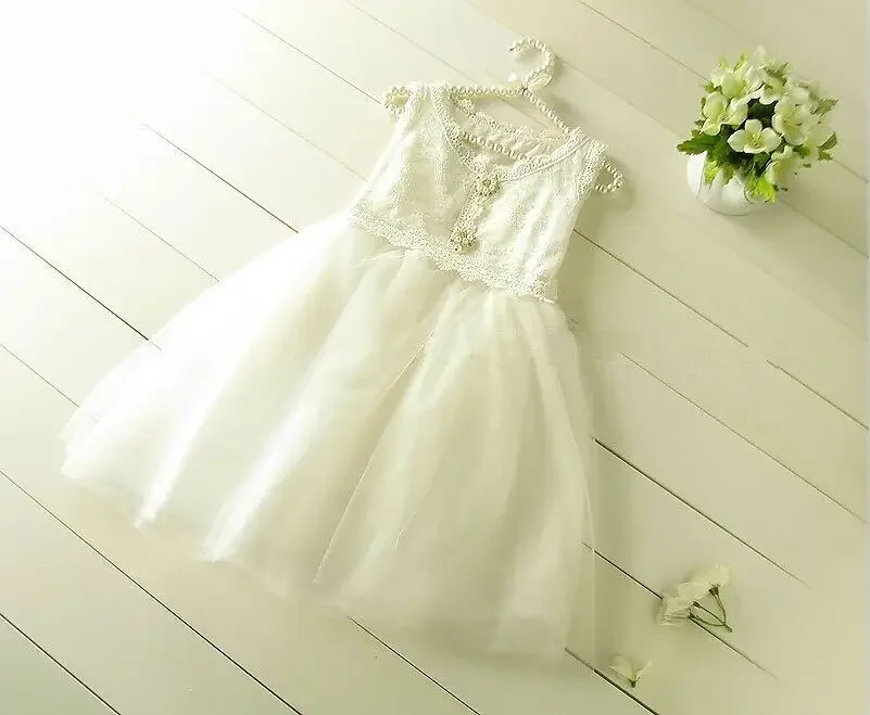 White Tulle Princess Dress for Baby Girl with Pearl Lace Pearl Buttons Children's Evening Party Dress 2-6 Years