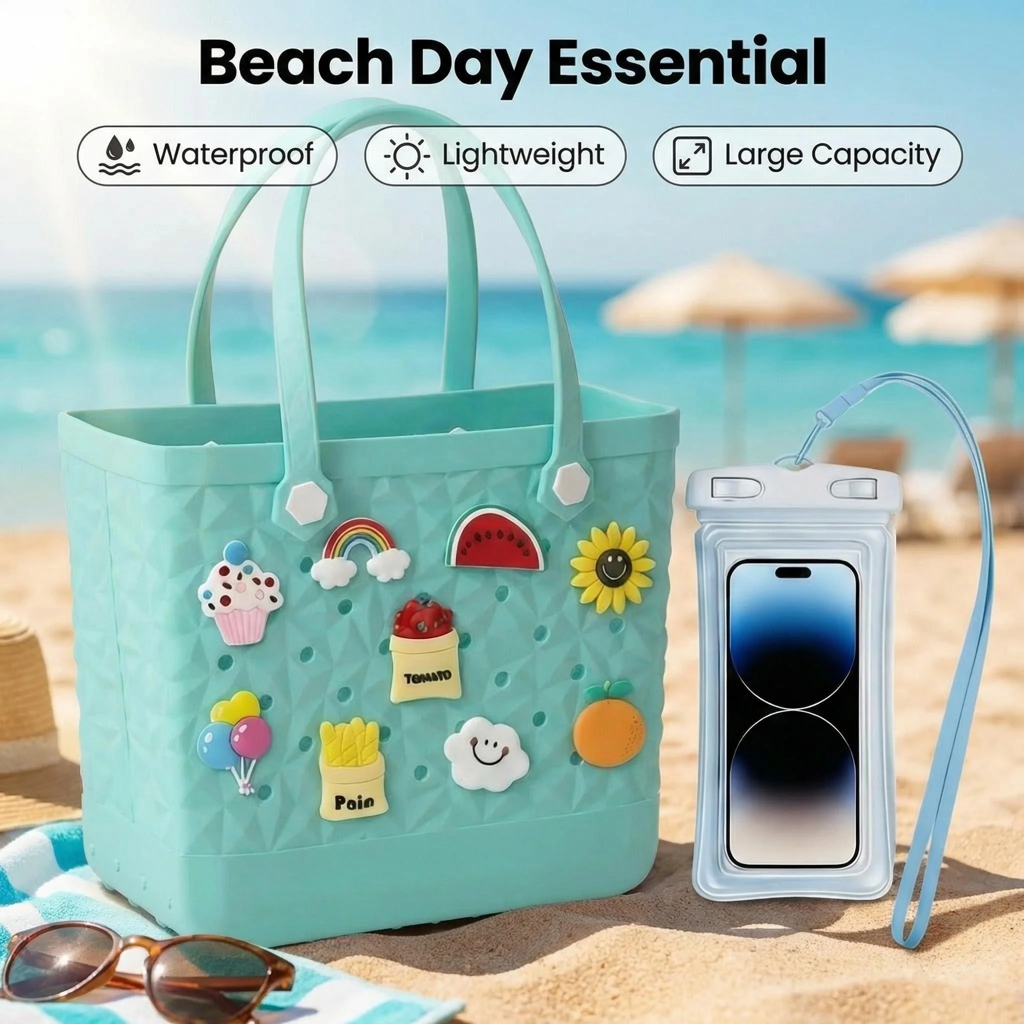 

Бесплатный водонепроницаемый чехол для телефона! Средняя пляжная сумка из EVA | Создайте свой стиль с помощью сменных аксессуаров | Легкий и складной манеж