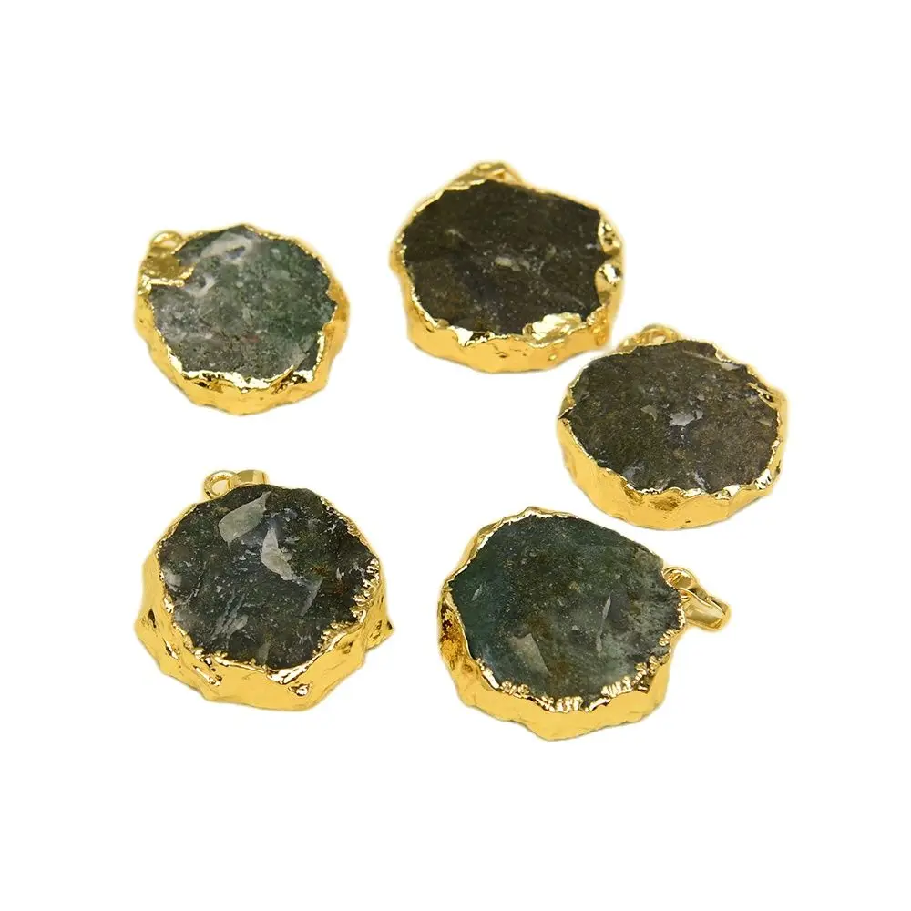 APDGG Wholesale 5 Pcs Natural Green Moss Agate Rough Raw Gems Material Gold Plated Pendant Charm Jewelry Making DIY