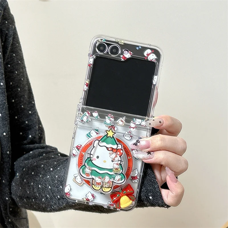 مضحك لطيف عيد الميلاد Hellokitty المغناطيسي قضية الهاتف لسامسونج غالاكسي Z فليب 7 6 5 ZFlip6 غطاء مع حامل حالات ل Magsafe Ca