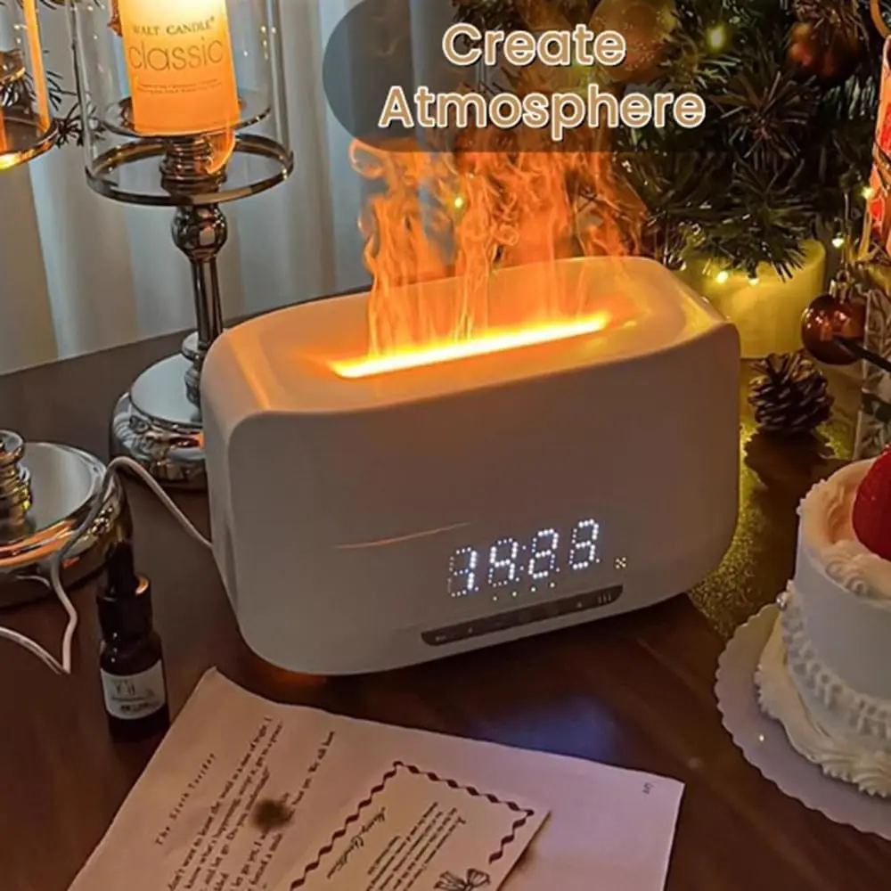 New Simulation Flame Aroma Diffuser Humidifier Bluetooth Speaker Creative Ambient Light Digital Display Clock