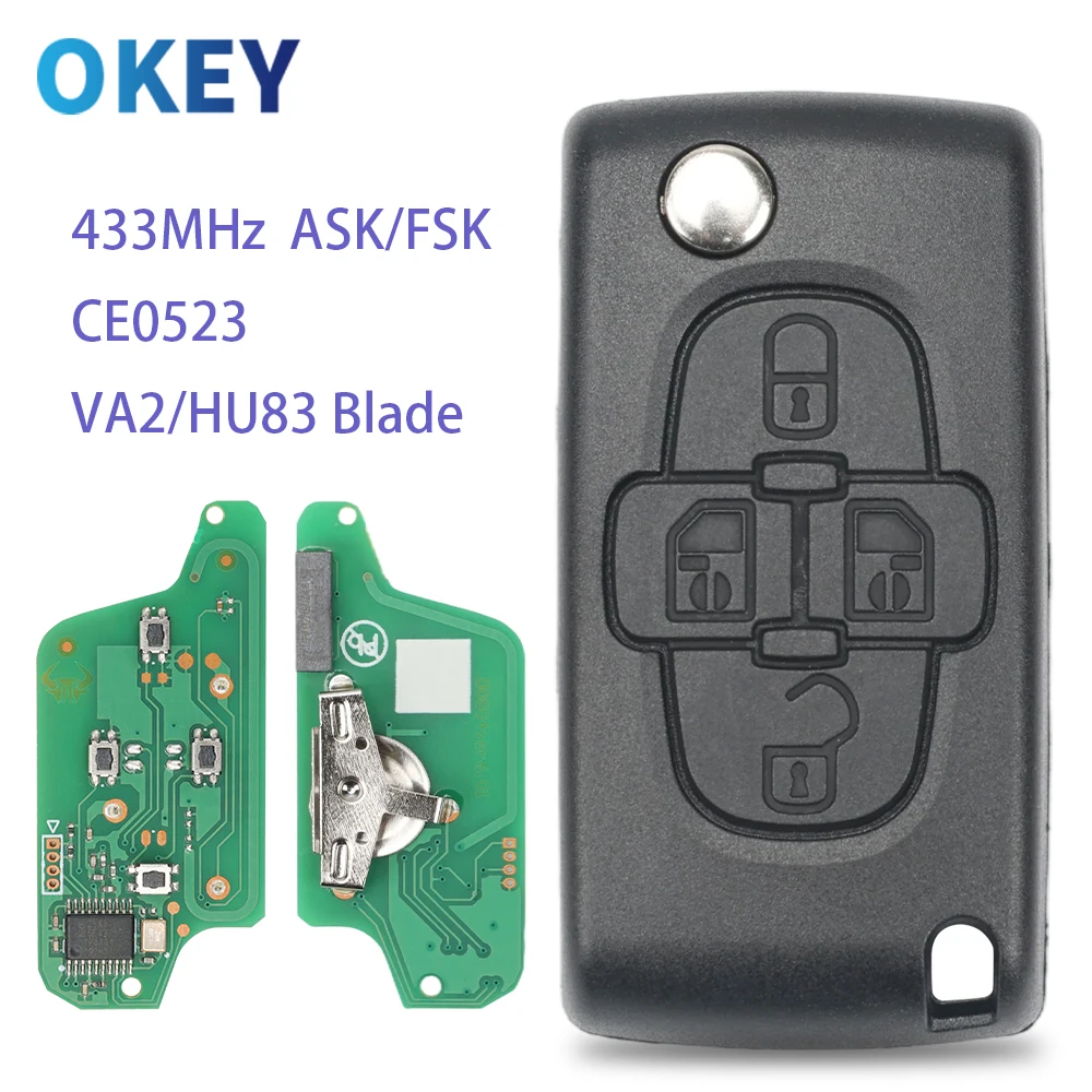 Okey Remote Car Key CE0523 433MHz ASK/FSK 4 Buttons Flip Floding Remote Key Fob Control For Peugeot 1007 VA2/HU82 Blade